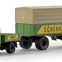 1967-1974 Hanomag-Henschel/Enser Tractor w/Low-Side Trailer - Assembled -- With Tarp-Covered Trailer, Schenker (green, yellow)