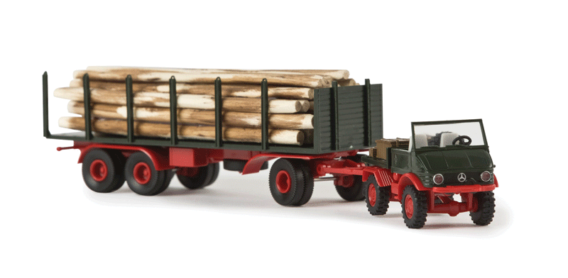 Unimog 421 Heavy-Duty Pickup Truck w/Logging Trailer & Load - Assembled -- Holz (green, red)