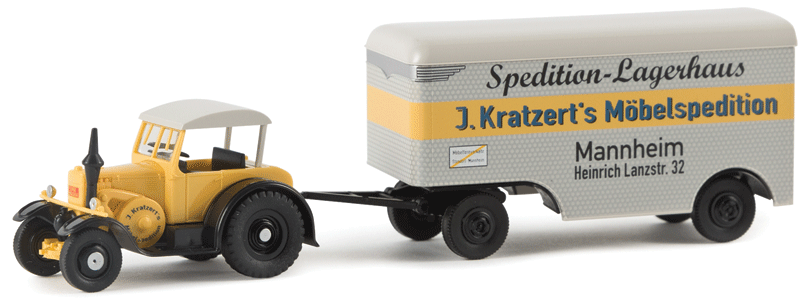 1937-1954 Lanz Eil-Bulldog w/Van Trailer - Assembled -- Kratzert (yellow, gray, German Lettering)-1