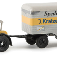 1937-1954 Lanz Eil-Bulldog w/Van Trailer - Assembled -- Kratzert (yellow, gray, German Lettering)