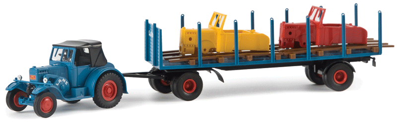 1937-1954 Lanz Eil-Bulldog w/Stake Trailer & Load - Assembled -- Lanz Bulldog Service (blue, red, white, German Lettering)