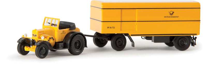 1937-1954 Lanz Eil-Bulldog w/Box Trailer - Assembled -- Deutsche Post (yellow, black, German Lettering)