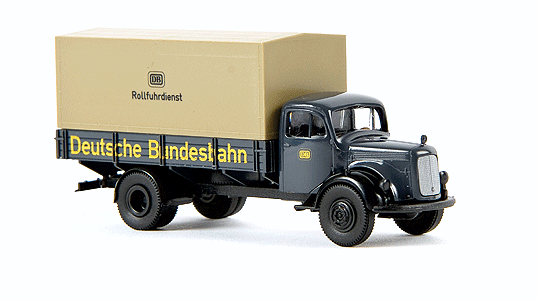 Mercedes-Benz L 311 Covered Flatbed Truck w/Trailer - Assembled -- Deutsche Bahn DB German National Railways Rollfuhrdienst (green, tan)