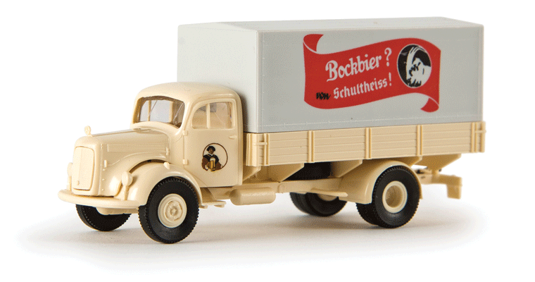 1950s Mercedes-Benz L 311 Low-Side Delivery Truck - Assembled -- With Tarp Cover, Schultheiss Bockbier (ivory, red, German Lettering)-1