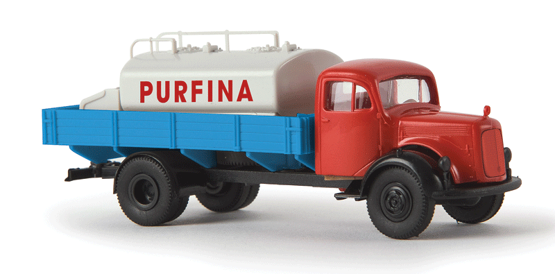 1950s Mercedes-Benz L 311 Low-Side Delivery Truck - Assembled -- Purfina (With Tank Load; red, blue, white; German Lettering)