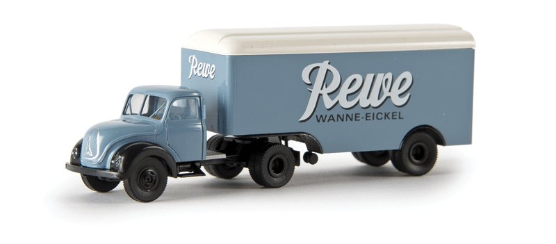 1950s Magirus Mercur Truck Tractor w/Van Trailer - Assembled -- Rewe Wanne-Eickel (blue, white, German Lettering)