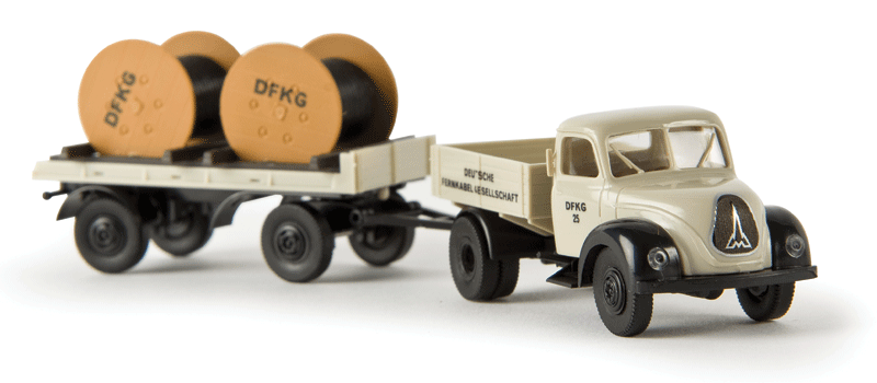 Magirus Mercur Low-Side Delivery Truck w/Loaded Cable Trailer - Assembled -- DFKG (gray, black; German Lettering)-1