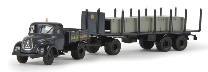 Magirus Mercur Low-Side Truck w/Trailer & Load - Assembled -- German Federal Railways DB (gray, yellow, German Lettering)-1