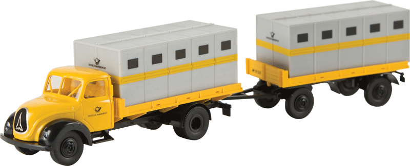 1950s Magirus Mercur Low-Side Truck w/Trailer & Container Load - Assembled -- German Post Office (yellow, black, German Lettering)-1