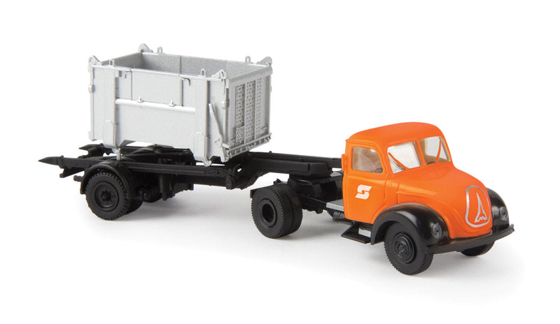 1950s Magirus Mercur Tractor w/Loaded LCL Container Trailer - Assembled -- Austrian Railways OBB (orange, black w/silver Open Container)