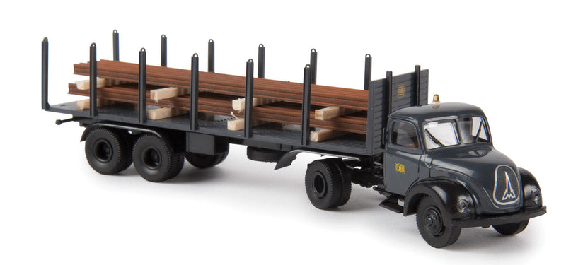 1950s Magirus Mercur Tractor w/Flatbed Trailer & Rail Load - Assembled -- German Federal Railroad DB (black, German Lettering)