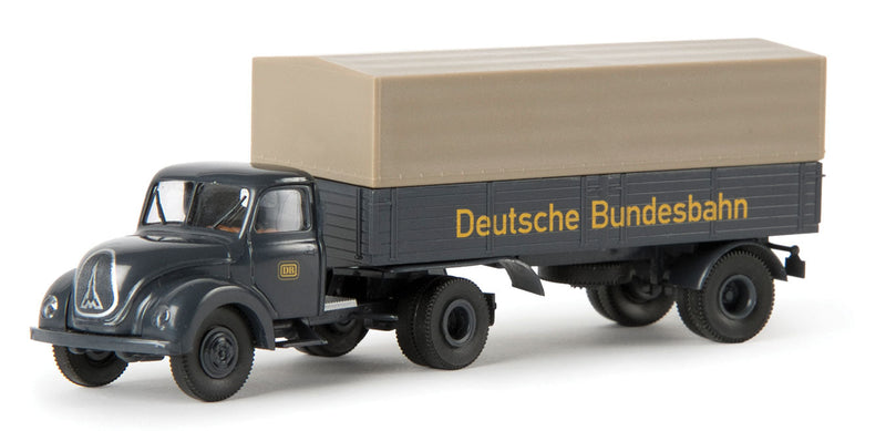 1950s Magirus Mercur Tractor w/Low-Side Trailer & Cover - Assembled -- German Federal Railroad DB (gray, yellow, German Lettering)