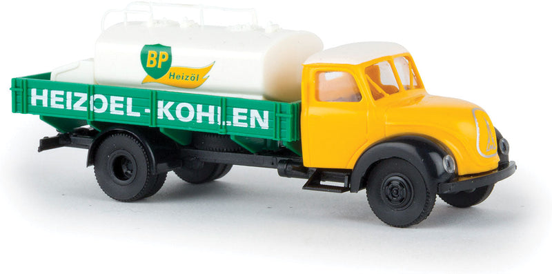 1950s Magirus Mercur Low-Side Truck with Tank Load - Assembled -- BP Heizol (yellow, green, white, German Lettering)