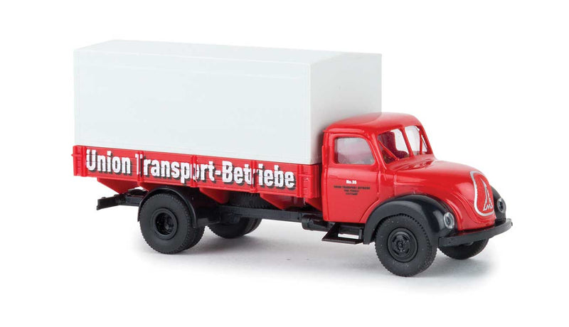 1950s Magirus Mercur Low-Side Truck with Tarp - Assembled -- Union Transport Betriebe Stuttgart (red, white, German Lettering)