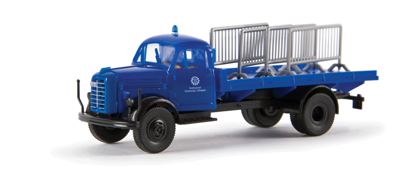 1953-1961 Borgward B 4500 Low-Sided Delivery Truck - Assembled -- With Crowd Control Barrier Load (THW, blue, white, German Lettering)