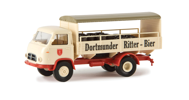 Borgward B 655 Low-Sided Delivery Truck w/Tarp Canopy & Barrel Load - Assemble -- Dortmunder Ritter Bier (ivory, red, black, German Lettering)