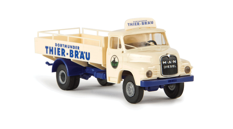 1955-1969 MAN 635 Low-Sided Delivery Truck - Assembled -- Bierpritsche Dortmunder Thier (ivory, blue, German Lettering)