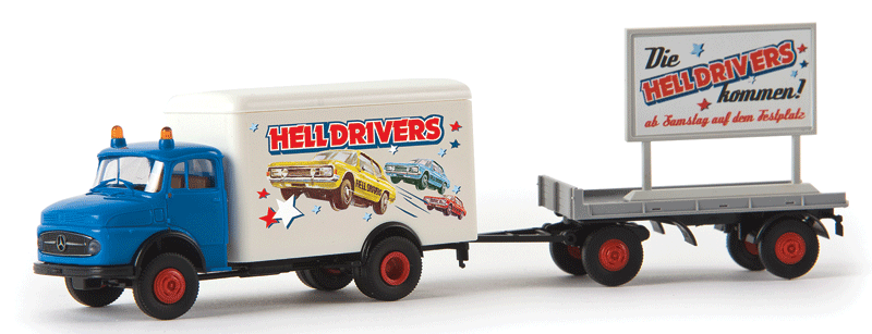 1950s Mercedes-Benz L 322 Low-Sided Delivery Truck - Assembled -- With Trailer & Sign Load, Hell Drivers (blue, white, red, German Lettering)