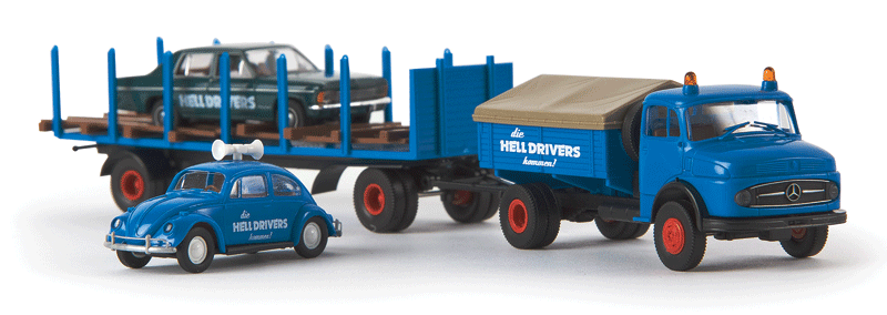 1950s Mercedes-Benz L 322 Low-Sided Delivery Truck - Assembled -- With Trailer & Autos, Hell Drivers (blue, white, German Lettering)