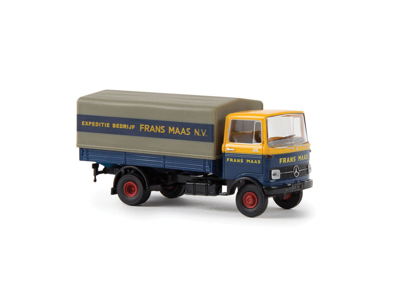 1965-1984 Mercedes-Benz LP 608 Low-Side Delivery Truck w/Tarp - Assembled -- Frans Maas (yellow, blue, gray, German Lettering)