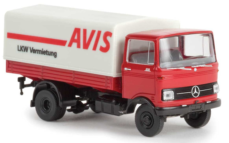 1965-1984 Mercedes-Benz LP 608 Low-Side Delivery Truck with Tarp - Assembled -- Avis (red, white, German Lettering)