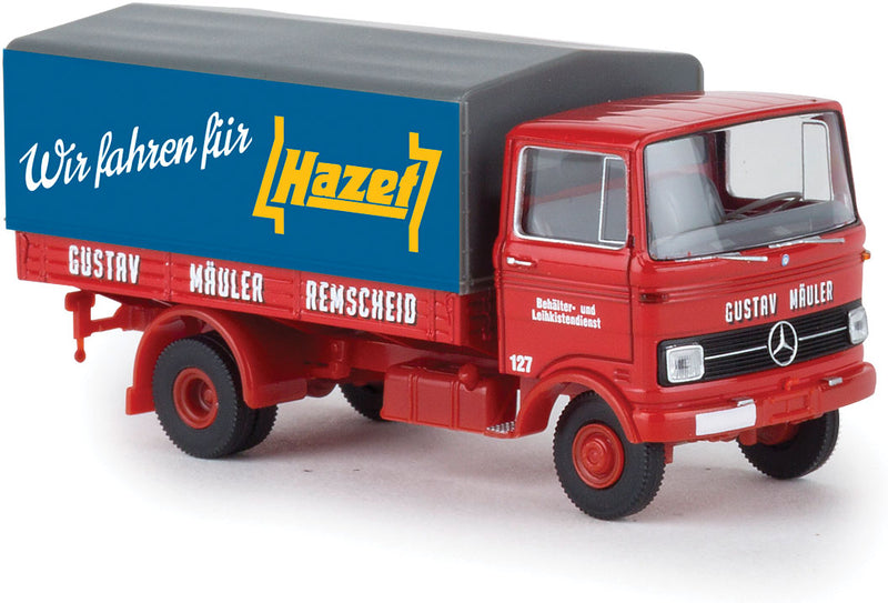 1965-1984 Mercedes-Benz LP 608 Low-Side Delivery Truck with Tarp - Assembled -- Gustav Mauler-Hazet (red, blue, white, yellow, German Lettering)