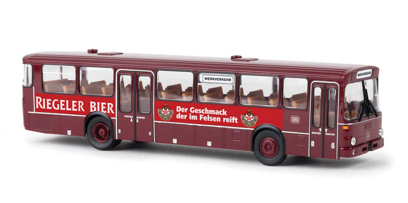 1970s Mercedes-Benz O 307 Intercity Bus - Assembled -- German Federal Railroad DB (maroon, red, Riegeler Bier Ad, German Lettering)