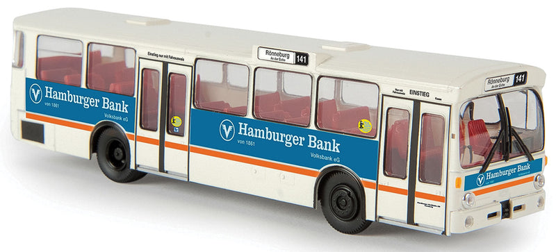 Mercedes-Benz O 305 Bus - Assembled -- Hamburger Bank (white, blue, yellow, Bank Ads, German Lettering)