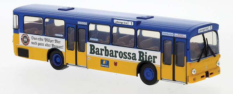 1969-1970s Mercedes-Benz O 305 City Bus - Assembled -- Kaiserslautern, Germany (blue, yellow, Barbarossa-Bier Ad, German Lettering)