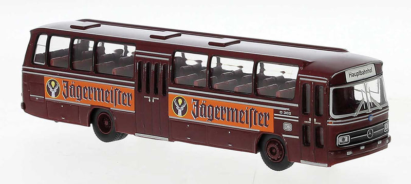 1965 Mercedes-Benz O 302 Bus - Assembled -- German Federal Railroad DB (maroon, orange, Jagermeister Ad, German Letterin