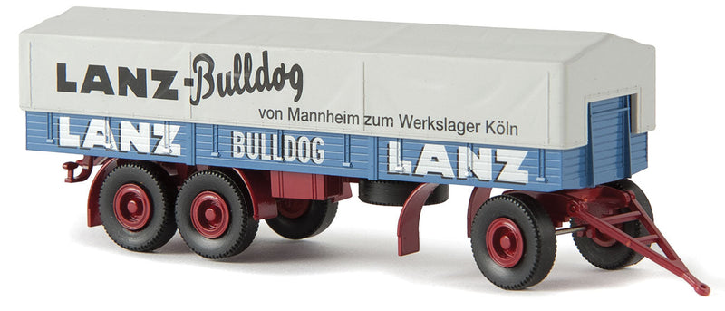 3-Axle Low-Side Trailer w/Tarp Cover - Assembled -- Lanz Bulldog (blue, white, black, red, German Lettering)
