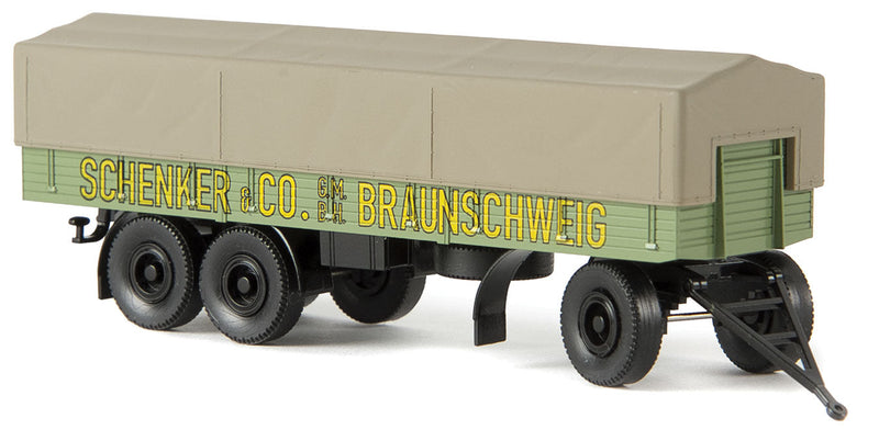 3-Axle Low-Side Trailer w/Tarp Cover - Assembled -- Schenker (green, yellow, tan, German Lettering)
