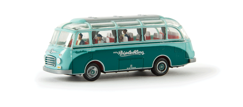 1955-1964 Kassbohrer Setra S 6 Bus - Assembled -- With Figures, Der Reiseliebling (green, blue, German Lettering)