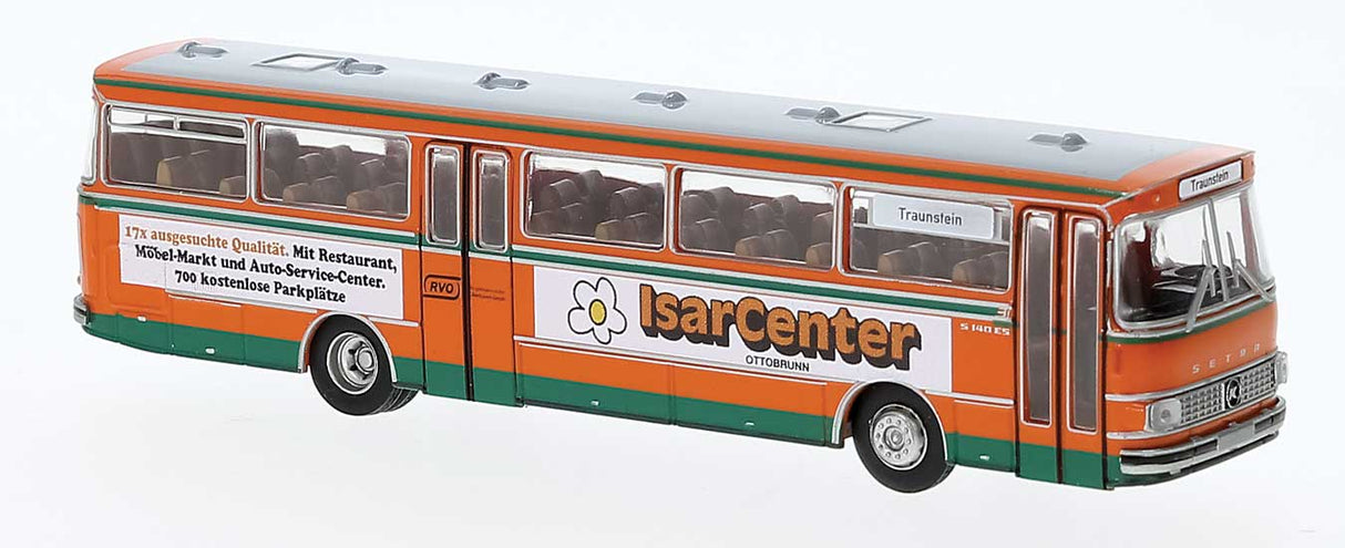 1975 Setra S 140 ES Bus - Assembled -- RVO Germany (orange, green, white, Isarcenter Ad)