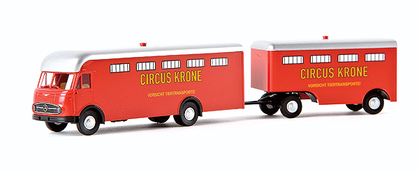 Mercedes-Benz LP 322 Delivery Van - Assembled -- With Trailer Animal Transport Circus Krone (red, yellow, German Lettering)