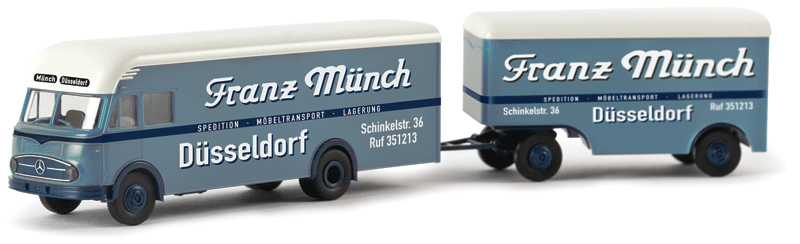 1950s Mercedes-Benz LP 322 Delivery Van w/Trailer - Assembled -- Franz Munch (gray, white, black; German Lettering)-1