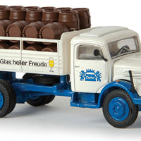 1955-1968 Steyr 380/II Low-Side Delivery Truck - Assembled - Starline -- With Barrel Load, Zipfer Bier (white, blue, German Lettering)