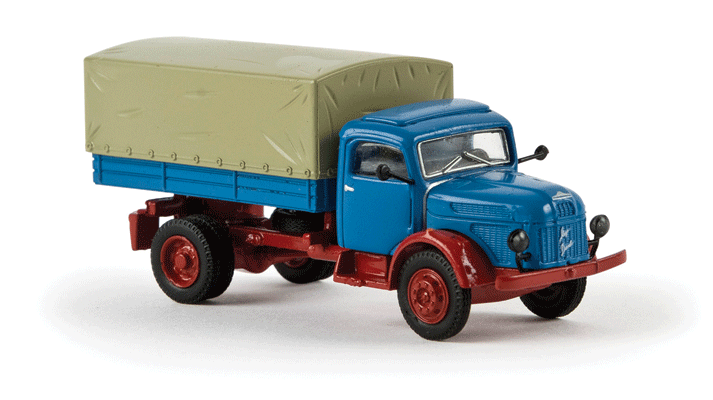 1955-1968 Steyr 380/I Low-Side Truck w/Tarp Cover - Assembled - Starline -- Blue, Ruby Red-1