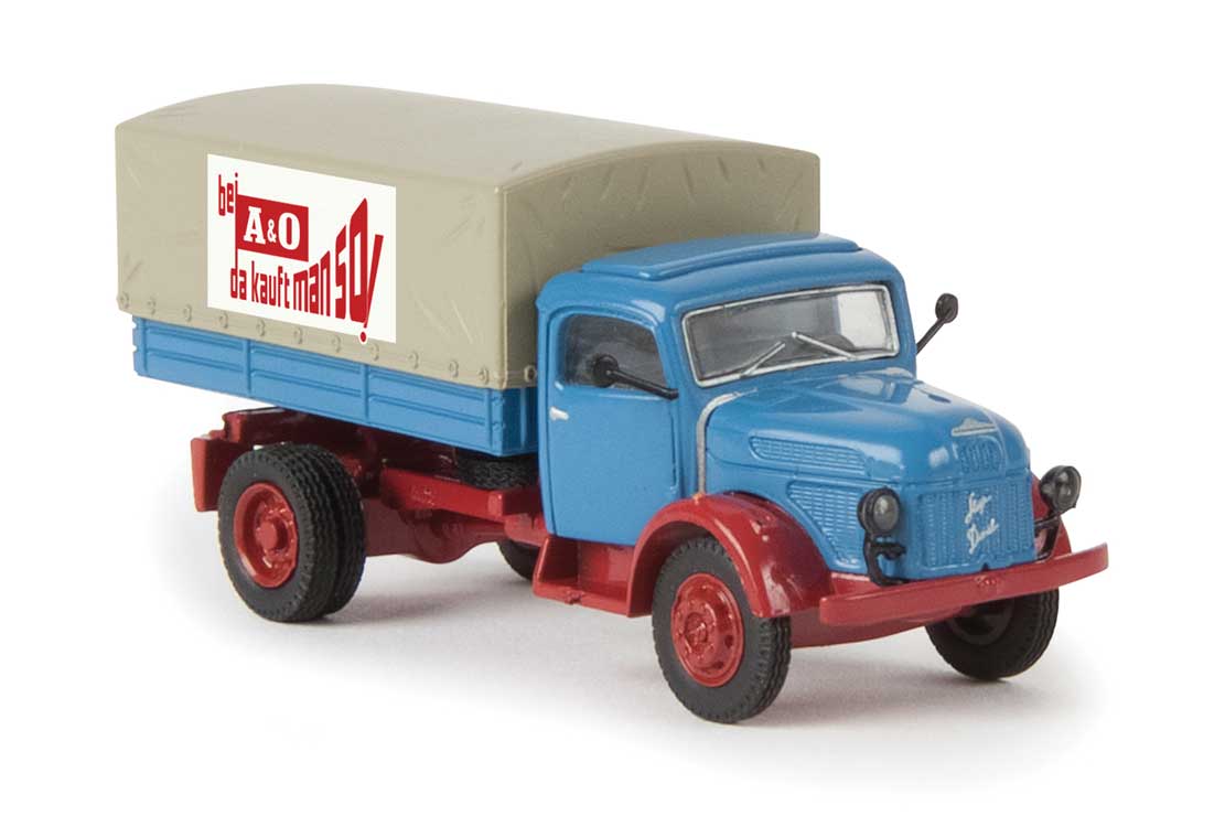 1955-1968 Steyr 480 Low-Side Delivery Truck, Tarp Cover - Assembled -- A&O (light blue, taupe, red, German Lettering)