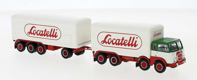 1960s Fiat 690 Millepiedi Boffo Box-Body Truck and Trailer - Assembled -- Locatelli (white, red, green, Italian Lettering)
