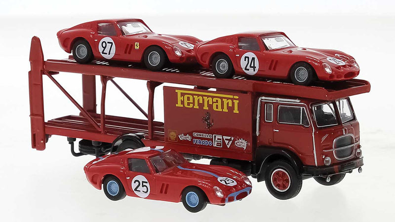 1962 Flat 642 Auto Transport Truck w/Ferrari Load - Assembled -- Ferrari (red, yellow, Italian Lettering)