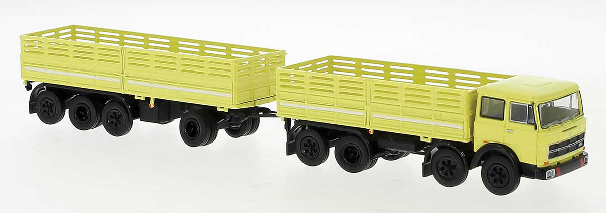 1960s Fiat 691 Millepiedi Low-Side Cage Truck and Trailer - Assembled -- Yellow