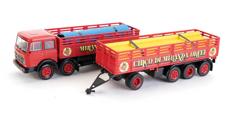 1960s Fiat 691 Millepiedi Low-Side Cage Truck and Trailer - Assembled -- Circo di Miranda Orfei (red, yellow, Italian Lettering)