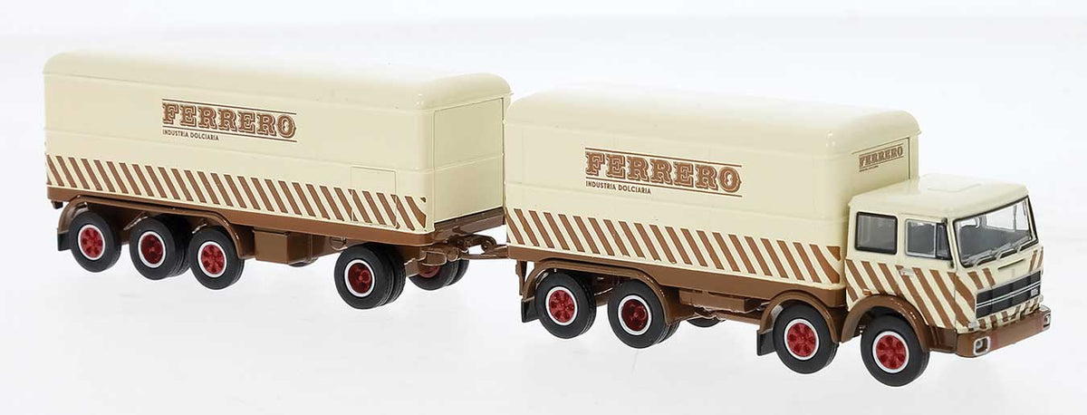 1960s Fiat 690 Millepiedi Boffo Box-Body Truck and Trailer - Assembled -- Ferrero (ivory, brown, Italian Lettering)