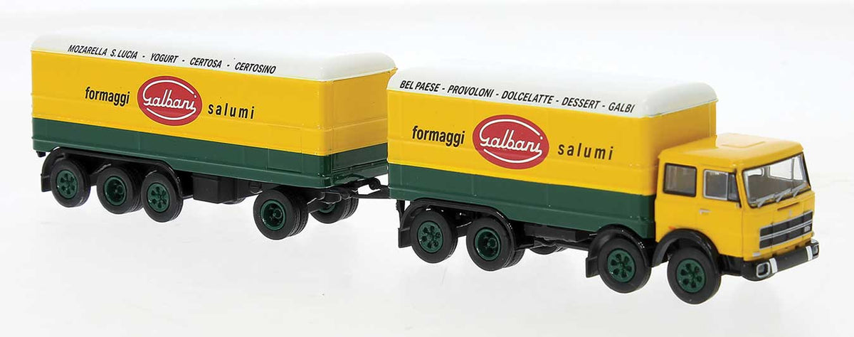1960s Fiat 690 Millepiedi Boffo Box-Body Truck and Trailer - Assembled -- Galbani (yellow, green, red, white, Italian Lettering)