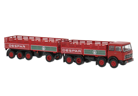 1960s Fiat 691 Millepiedi Low-Side Cage Truck and Trailer - Assembled -- Despar (red, gray, white)