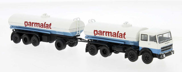 1960s Fiat 690 Millepiedi Tank Truck and Trailer - Assembled -- Galbani (white, blue, red, Italian Lettering)