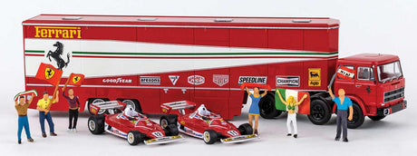 Fiat Semi Tractor w/Racing Trailer, 2 Ferrari 312T2 & 6 Figures - Assembled -- Ferrari Racing (red, white, Italian Lettering)