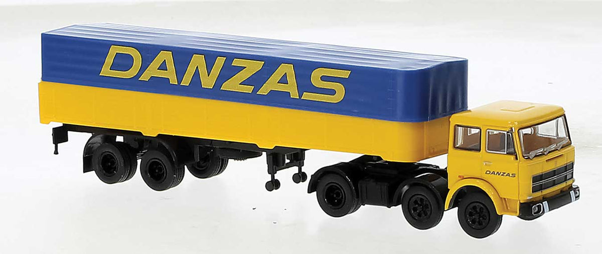 Fiat 691 Tractor w/Low-Side Trailer and Cover - Assembled -- Danzas (yellow, blue)
