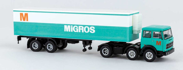 1970 Fiat 691T Tractor with Low-Side Trailer and Cover - Assembled -- Migros (green, white, Italian Lettering)